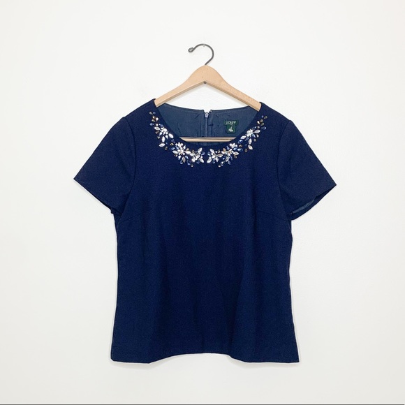 J. Crew Factory Navy Blue Embellished Jewel Wool Knit Short Sleeve Blouse 10 - Picture 2 of 9